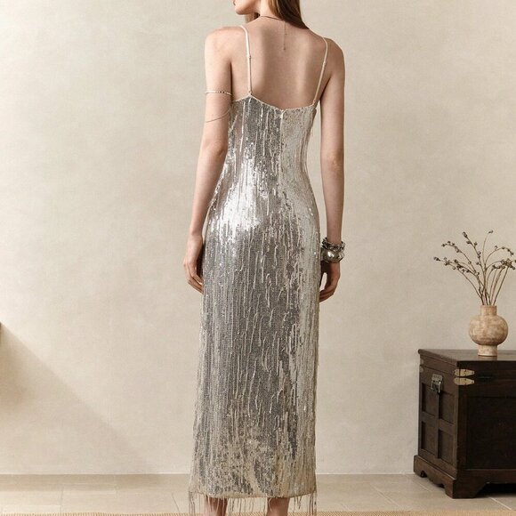 Silver Sequin Women's Spaghetti Strap Midi Bodycon Dress - Picture 2 of 7
